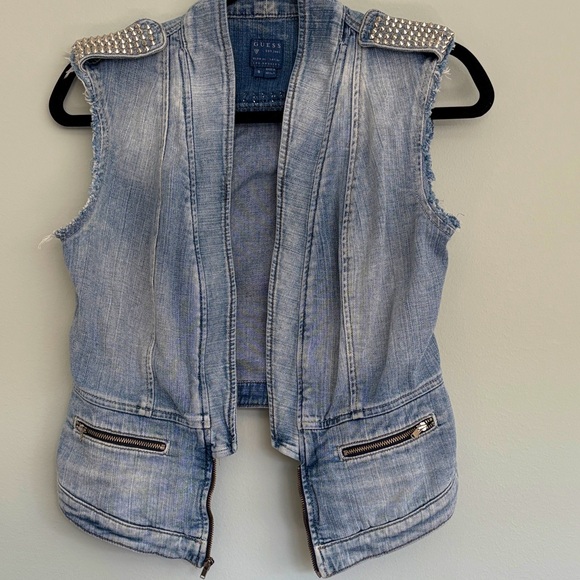 Guess Light Blue Denim Vest with Silver Stud Spikes - Picture 1 of 8